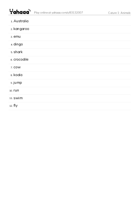Word list with meanings worksheet for Cuture 1: Animals