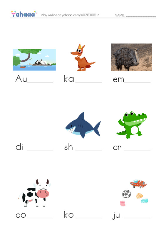 Finish the word worksheet for Cuture 1: Animals