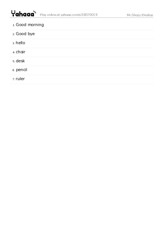 Word list with meanings worksheet for Mr.Ghazy Elnahas