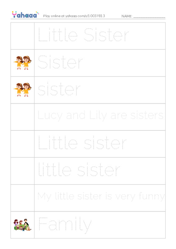 Picture and word rows worksheet for Little Sister, Sister, sister and 7 more