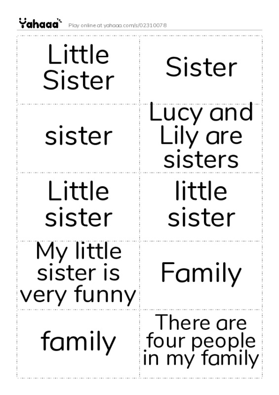 Word flashcards worksheet for Little Sister, Sister, sister and 7 more