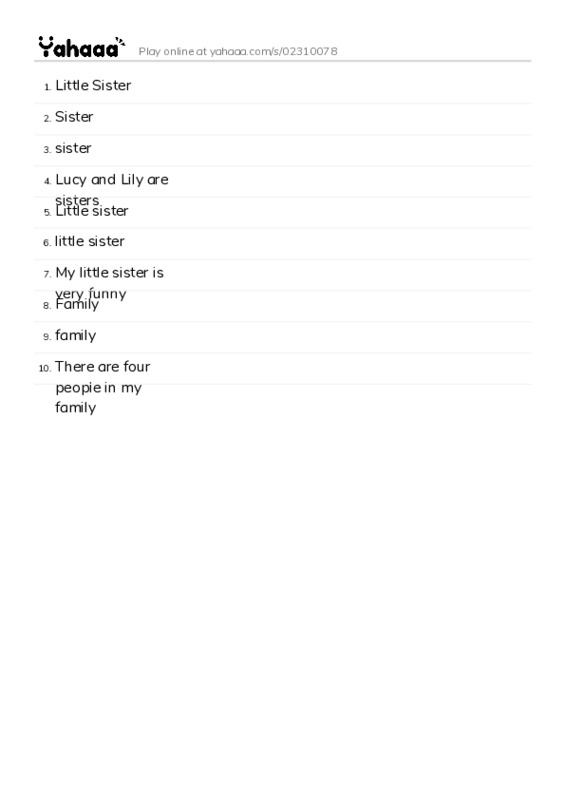 Word list with meanings worksheet for Little Sister, Sister, sister and 7 more