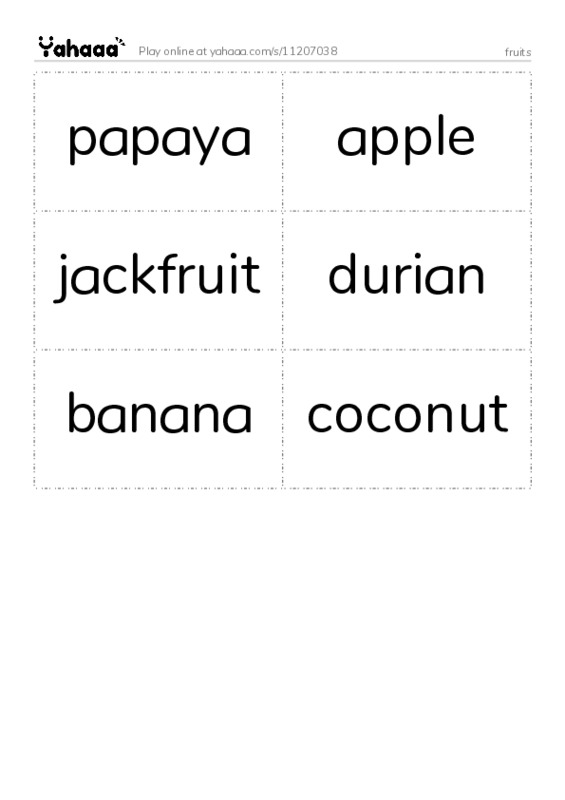 Word flashcards worksheet for fruits