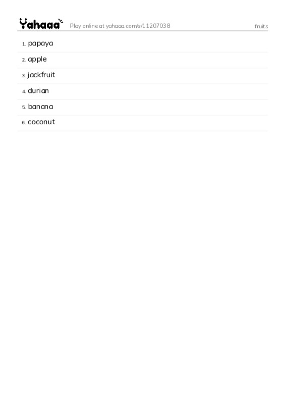 Word list with meanings worksheet for fruits