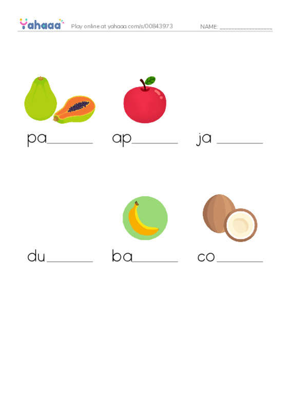 Finish the word worksheet for fruits