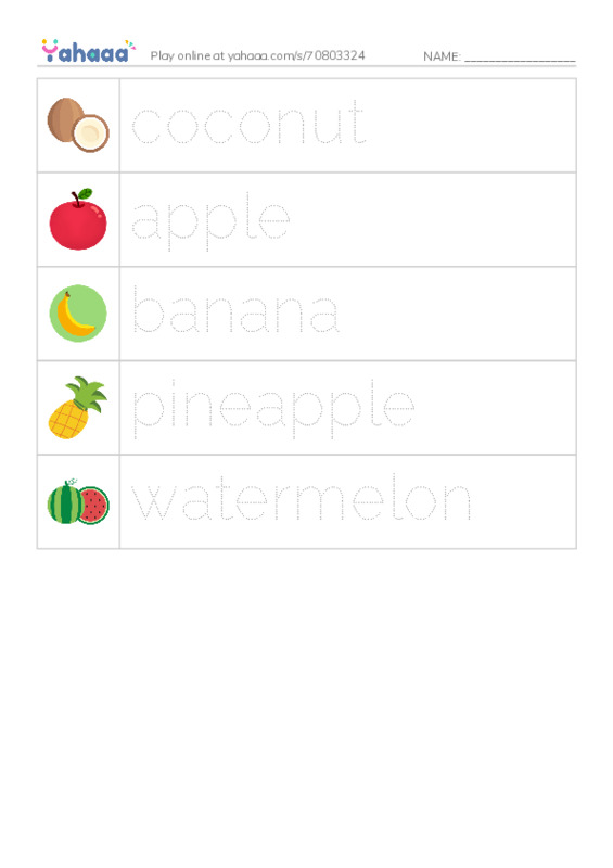 Picture and word rows worksheet for Fruits