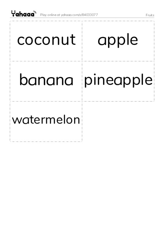 Word flashcards worksheet for Fruits