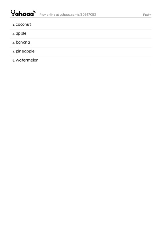 Word list with meanings worksheet for Fruits