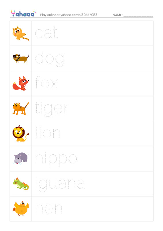 Picture and word rows worksheet for animals