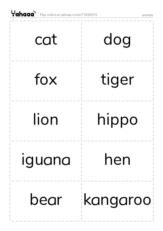 Word flashcards worksheet for animals