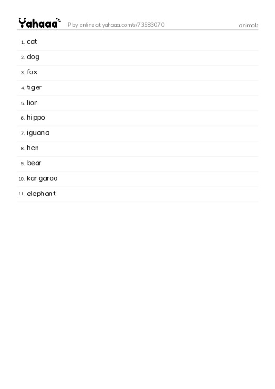 Word list with meanings worksheet for animals