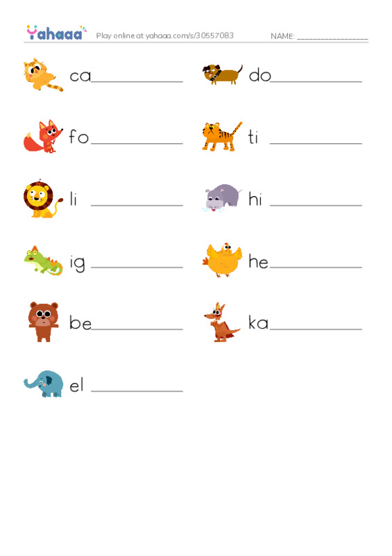 Write the word rows worksheet for animals