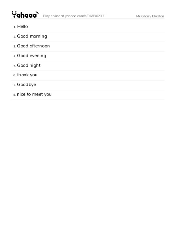 Word list with meanings worksheet for Mr.Ghazy Elnahas
