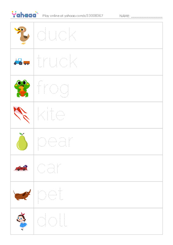 Picture and word rows worksheet for Come and play