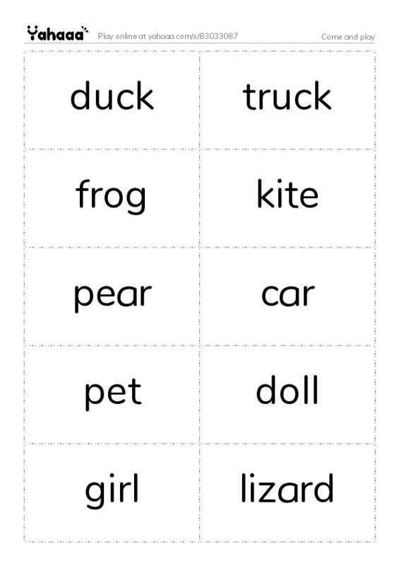 Word flashcards worksheet for Come and play