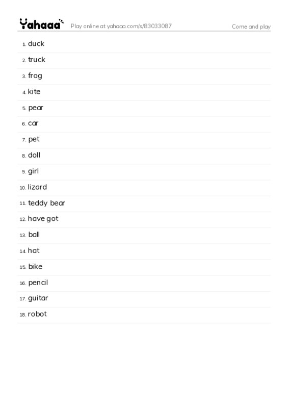 Word list with meanings worksheet for Come and play