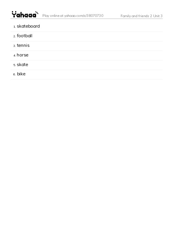 Word list with meanings worksheet for Family and friends 2 Unit 3