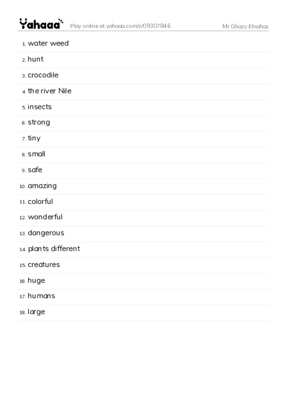 Word list with meanings worksheet for Mr.Ghazy Elnahas
