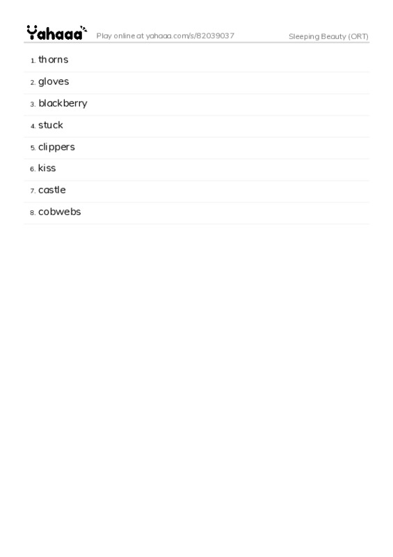 Word list with meanings worksheet for Sleeping Beauty (ORT)