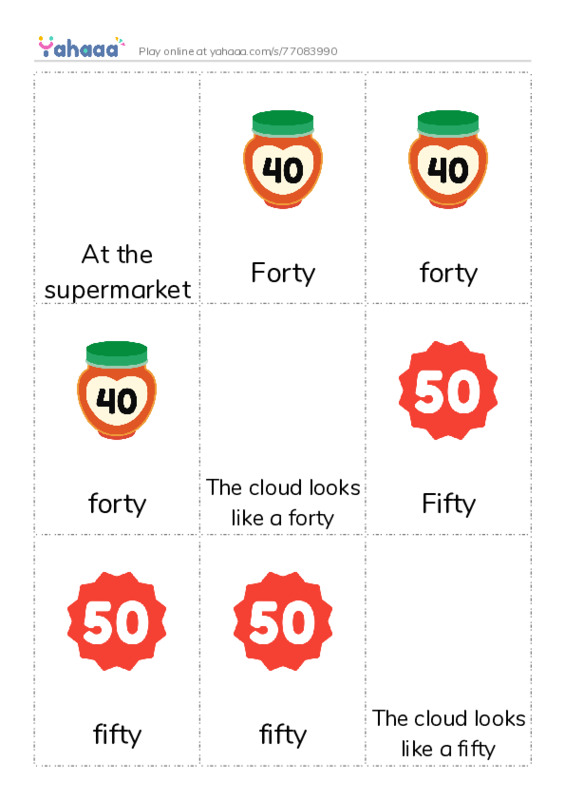 Picture flashcards worksheet for At the supermarket, Forty, forty and 10 more