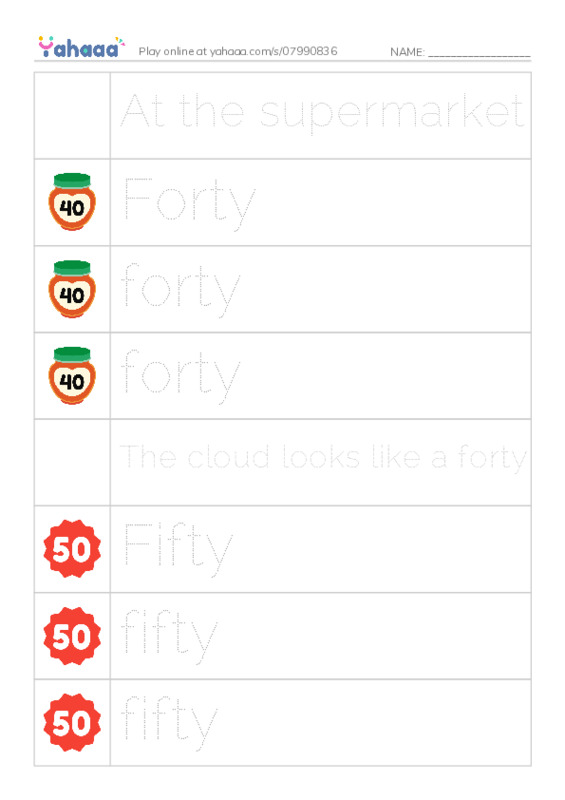 Picture and word rows worksheet for At the supermarket, Forty, forty and 10 more