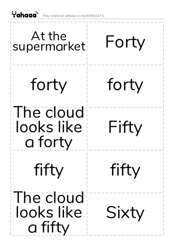 Word flashcards worksheet for At the supermarket, Forty, forty and 10 more