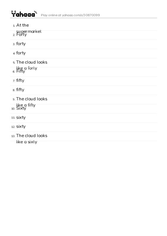 Word list with meanings worksheet for At the supermarket, Forty, forty and 10 more