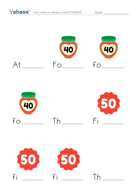 Finish the word worksheet for At the supermarket, Forty, forty and 10 more