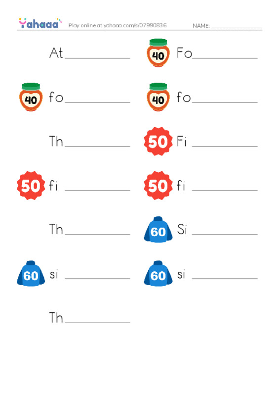Write the word rows worksheet for At the supermarket, Forty, forty and 10 more