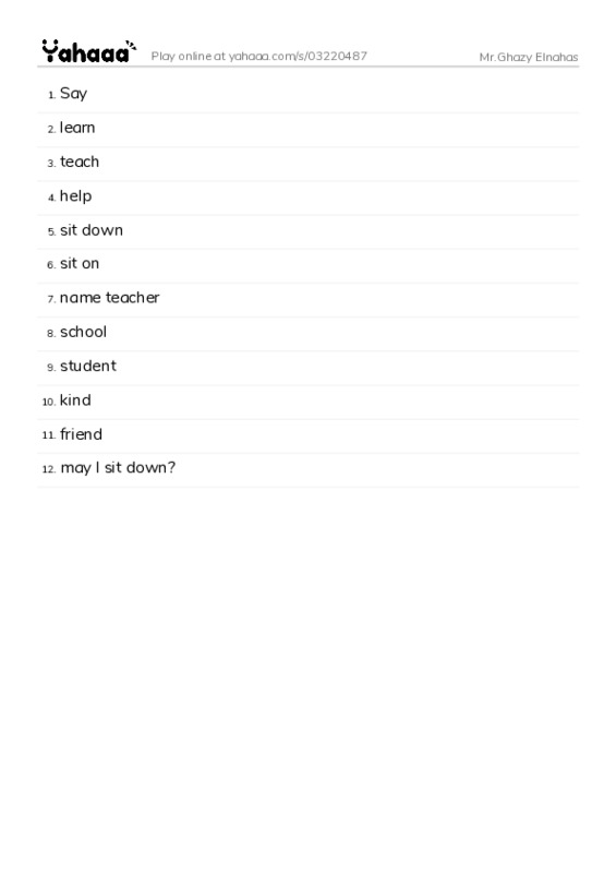 Word list with meanings worksheet for Mr.Ghazy Elnahas