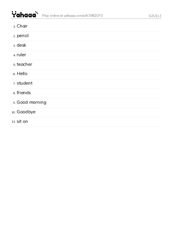Word list with meanings worksheet for G2U1L1