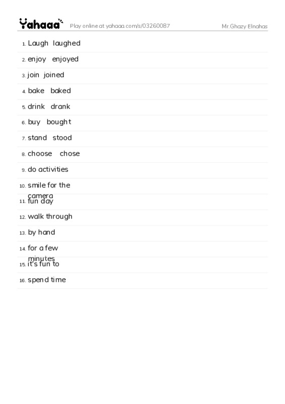 Word list with meanings worksheet for Mr.Ghazy Elnahas