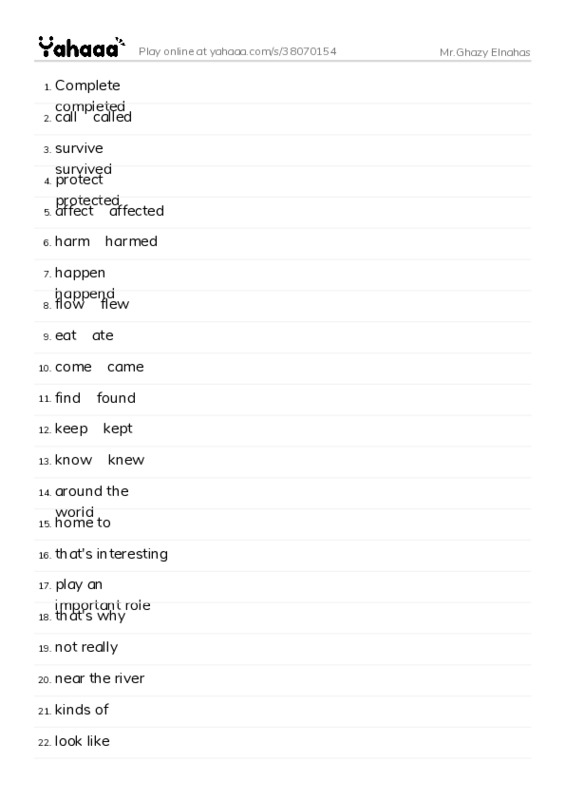 Word list with meanings worksheet for Mr.Ghazy Elnahas