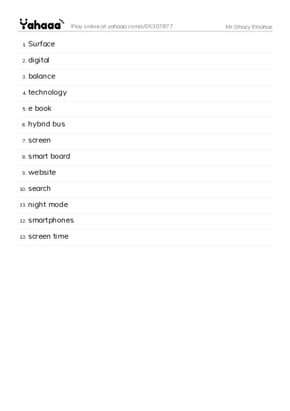 Word list with meanings worksheet for Mr.Ghazy Elnahas