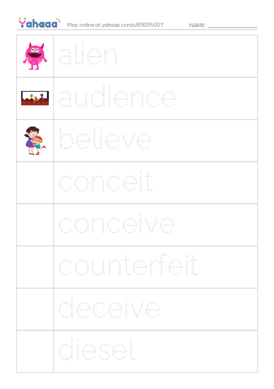 Picture and word rows worksheet for Mikaela List 2