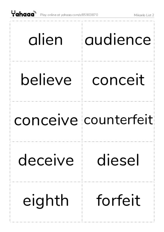 Word flashcards worksheet for Mikaela List 2