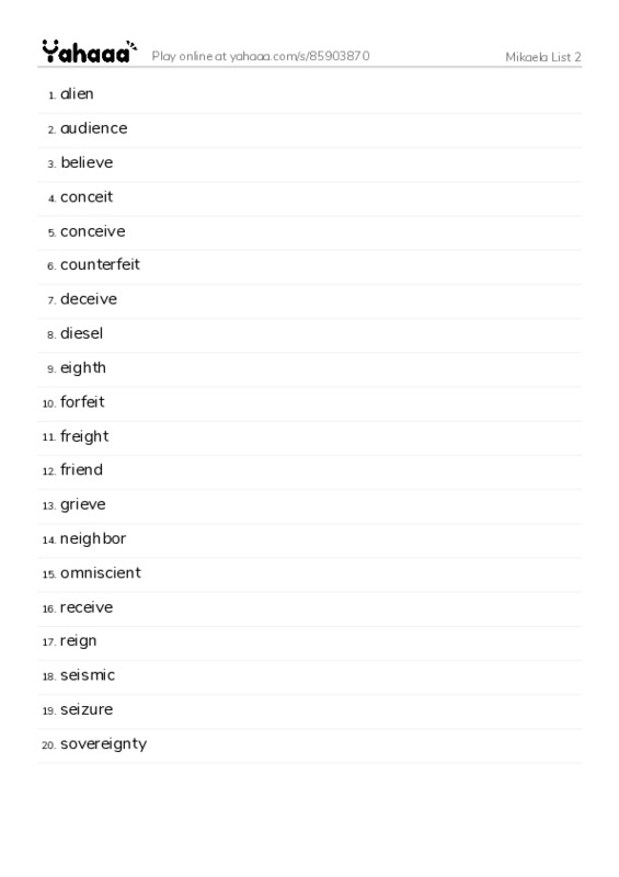 Word list with meanings worksheet for Mikaela List 2