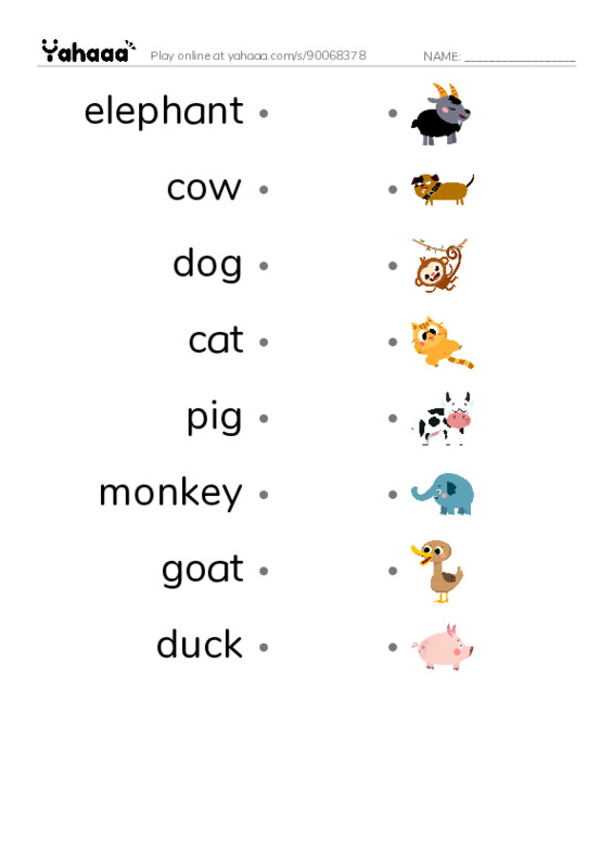 Draw a line to match worksheet for Animals