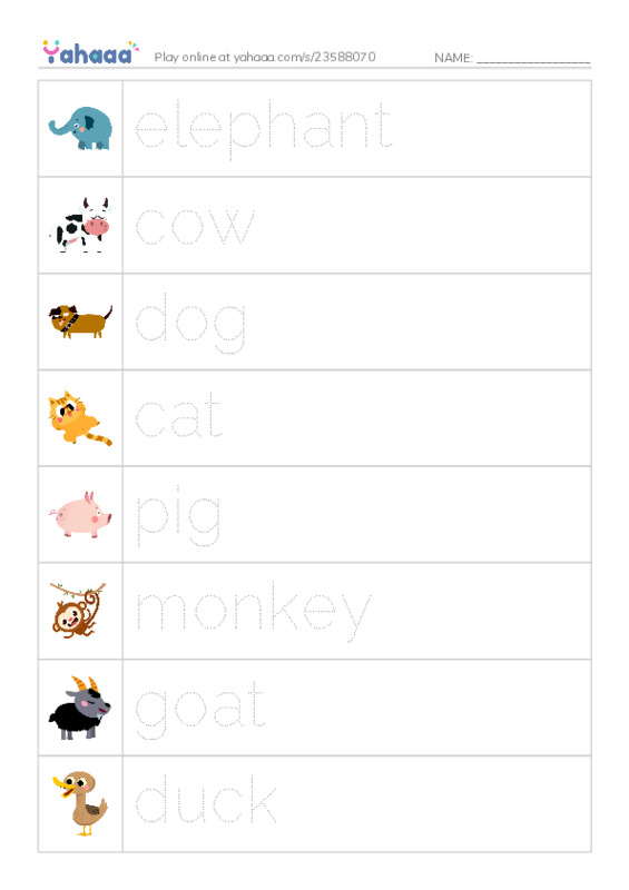 Picture and word rows worksheet for Animals