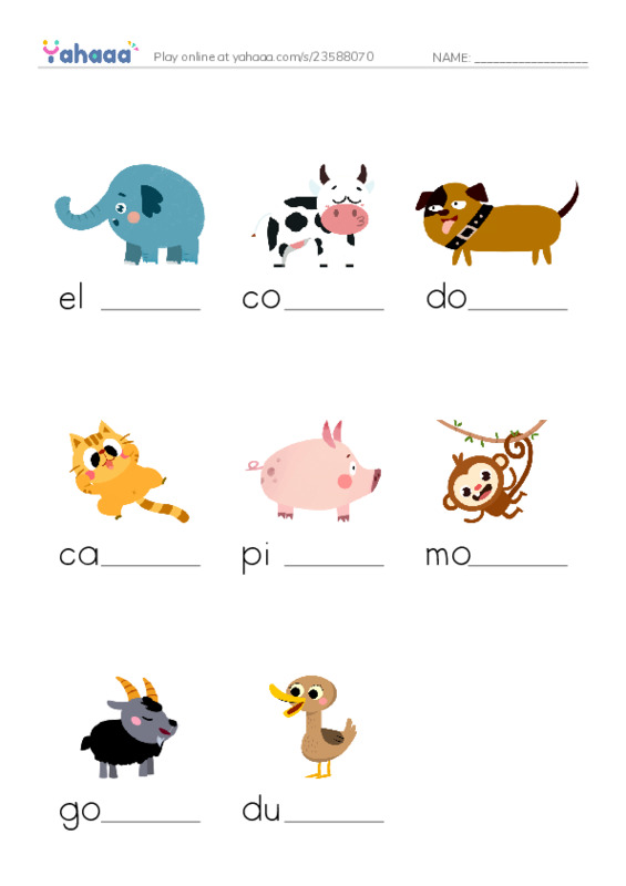 Finish the word worksheet for Animals
