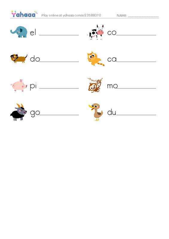 Write the word rows worksheet for Animals