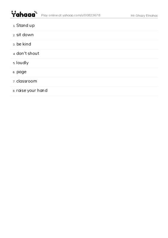 Word list with meanings worksheet for Mr.Ghazy Elnahas