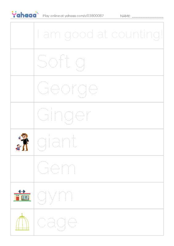Picture and word rows worksheet for I am good at counting!, Soft g, George and 13 more