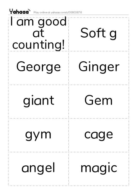 Word flashcards worksheet for I am good at counting!, Soft g, George and 13 more