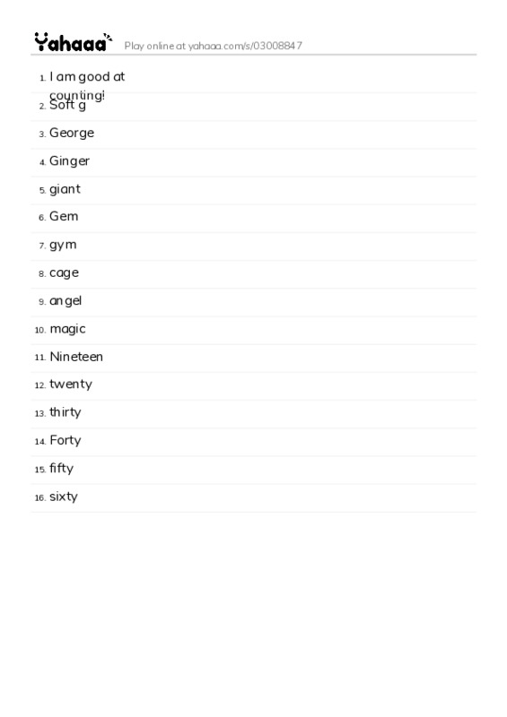 Word list with meanings worksheet for I am good at counting!, Soft g, George and 13 more