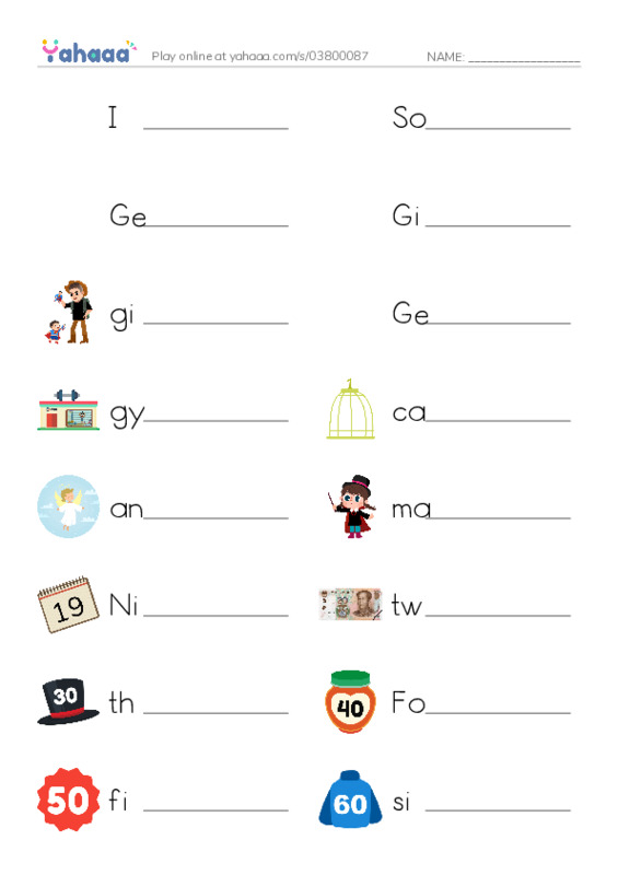 Write the word rows worksheet for I am good at counting!, Soft g, George and 13 more