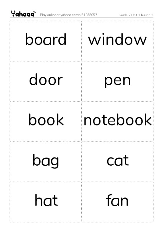 Word flashcards worksheet for Grade 2 Unit 1 lesson 2