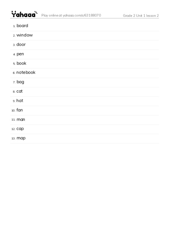 Word list with meanings worksheet for Grade 2 Unit 1 lesson 2