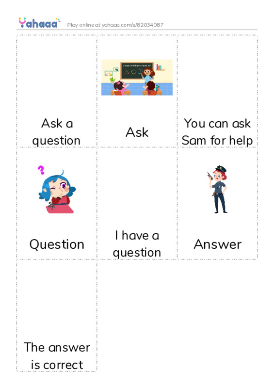 Picture flashcards worksheet for Ask a question, Ask, You can ask Sam for help and 4 more