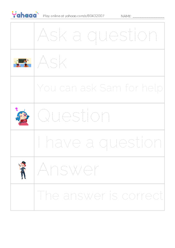 Picture and word rows worksheet for Ask a question, Ask, You can ask Sam for help and 4 more